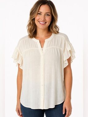 Maurices  Womens Cream Ruffle Sleeve Button-Front Lightweight Blouse Size Large